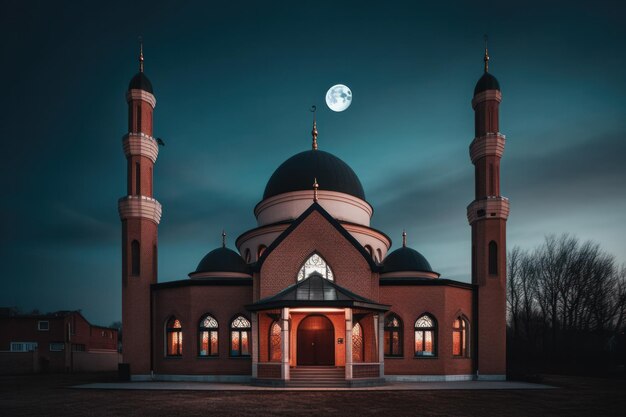 Nocne ujęcie islamskiego meczetu z księżycem