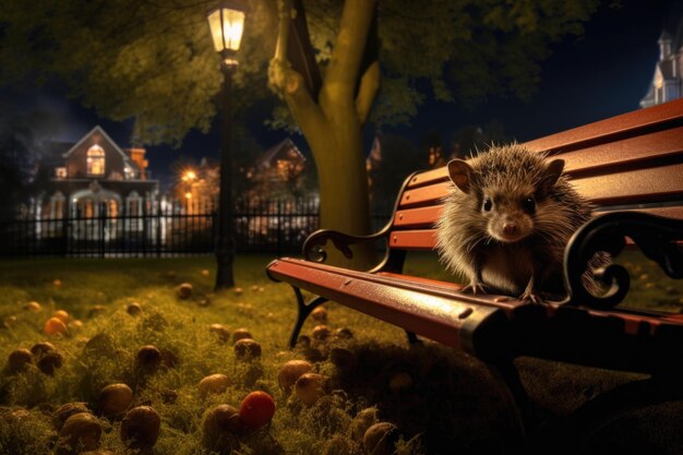 Zdjęcie nocne zdjęcie jeżka spacerującego po ławce w parku