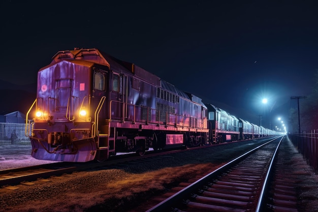 Nocne zdjęcie pociągu towarowego z oświetlonymi kabinami