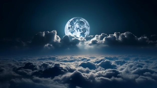Nocne zdjęcie z jasnym księżycem nad chmurami na gwiaździstym niebie
