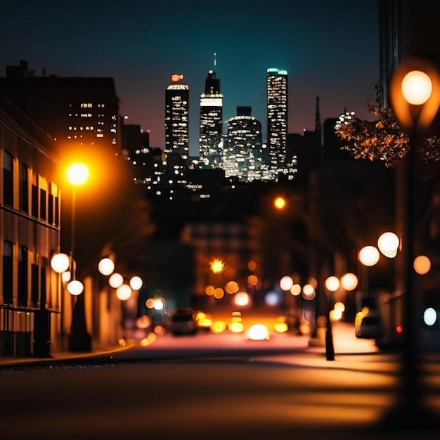 Zdjęcie nocne życie miejskie z lampami ulicznymi i bokeh niewyraźne światła efekt wektor piękne tło