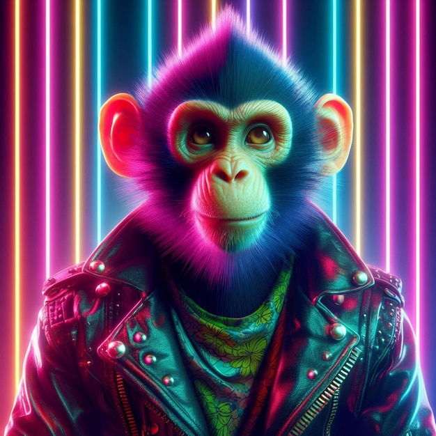 Zdjęcie nocne życie neonowe, futurystyczna małpa w punk kurtce pod hipnotyzującymi kolorowymi światłami.