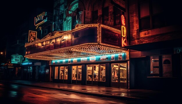 Zdjęcie nocne życie oświetlało ulice miasta słynne budynki i znaki neonowe generowane przez sztuczną inteligencję