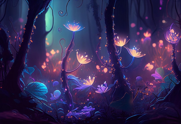 Nocny bajkowy las i świecące kwiaty ilustracyjne AI generatywne