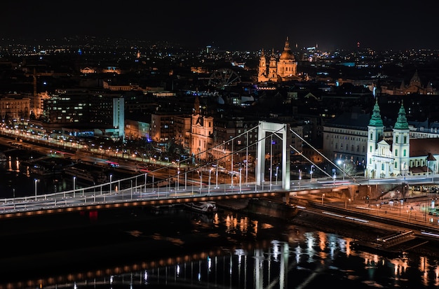 Nocny Budapeszt, Pejzaż Miejski, Odbicie Nocnych świateł Na Wodzie, Most Erzsebet Na Dunaju.