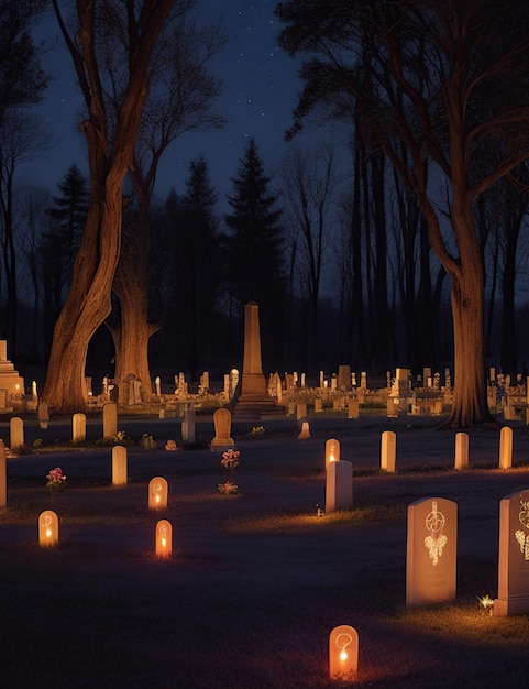 Nocny cmentarz ozdobiony świecami i światłami