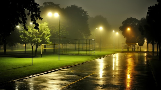 Nocny deszcz w parku Fotorealistyczny obraz parku w nocy w deszczu Na tle widoczne jest boisko piłkarskie z bramkami i boisko baseballowe z siatką ochronną