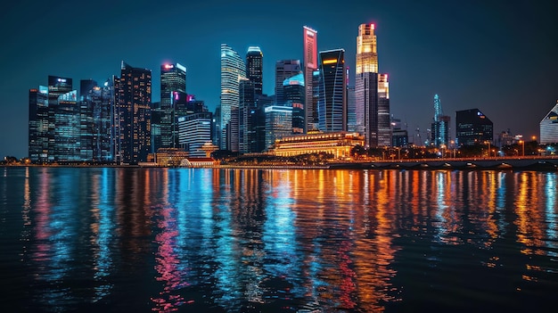 Nocny krajobraz miasta z oświetlonymi budynkami odzwierciedlonymi w spokojnej wodzie