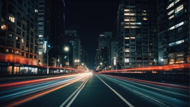 Nocny krajobraz miasta z śladami światła na drodze