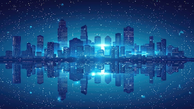 Nocny krajobraz miasta z świecącymi budynkami i gwiezdnym niebem odbijającym się w wodzie