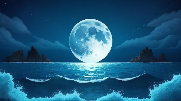 Nocny krajobraz oceanu pełnia księżyca i gwiazdy świecą