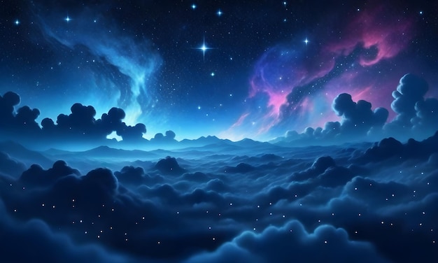 Nocny krajobraz z ciemno niebieskimi górami pod gwiezdnym niebem z mgławicami