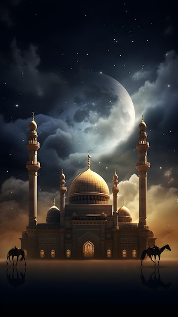 Nocny krajobraz z meczetem i księżycem