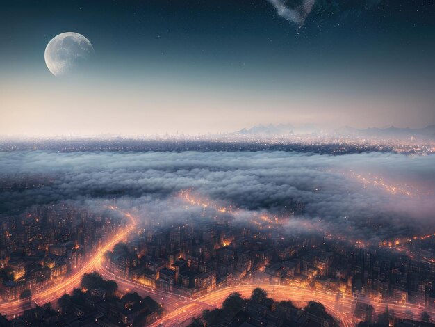 Zdjęcie nocny krajobraz z miastem i dymem