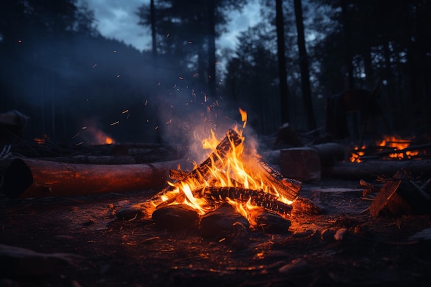 Nocny ogień na pustyni oświetla lasy kempingowe i podróżnicze