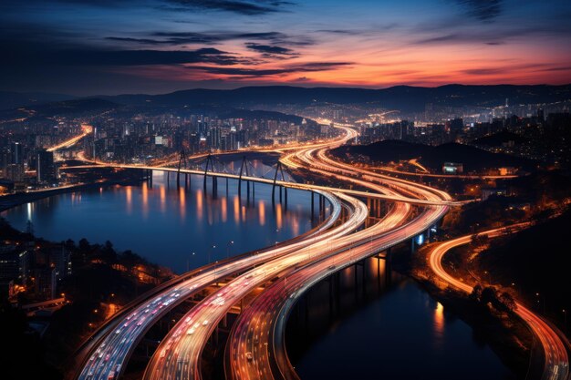 Nocny panoramiczny krajobraz miasta z autostradą w późnych wieczornych światłach