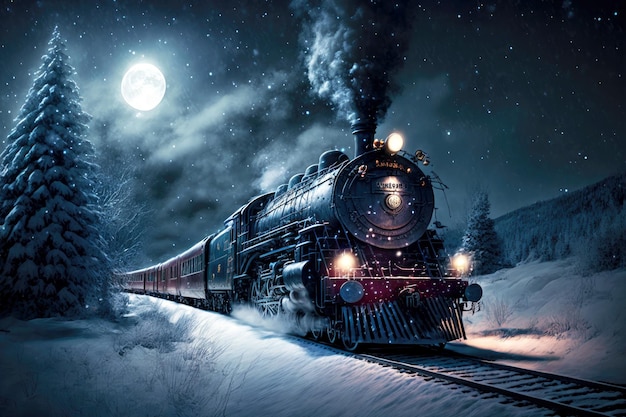 Nocny polarny pociąg ekspresowy ścigający się na zimowej kolei
