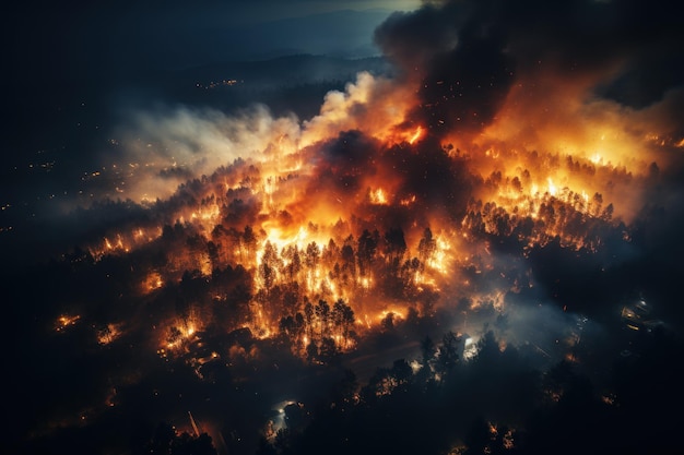 Nocny pożar lasu spala sosny w lesie Generacyjna sztuczna inteligencja