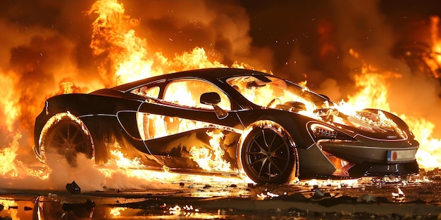 Zdjęcie nocny samochód pochłonięty płomieniami oświetlający ciemne otoczenie intensywnym ognistym blaskiem concept car fire photography nighttime blaze dramatic scenes fiery glow intense flames
