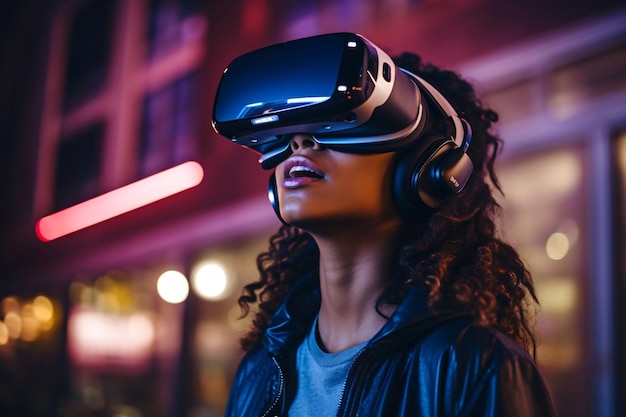 Nocny spacer w wirtualnej rzeczywistości Portret dziewczyny noszącej okulary wirtualnej rzeczywistości