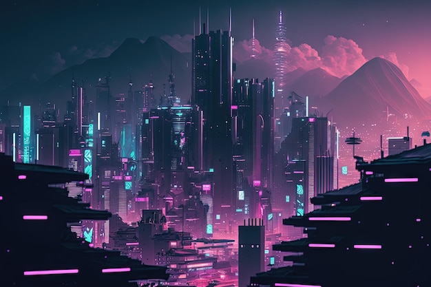 Nocny widok azjatyckiego miasta cyberpunk Neon drapaczy chmur i fantastyczne miasto cybernetyczne