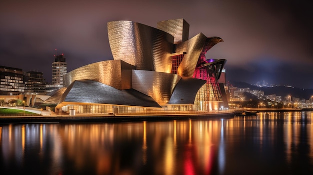 Nocny widok na Muzeum Guggenheima w Bilbao