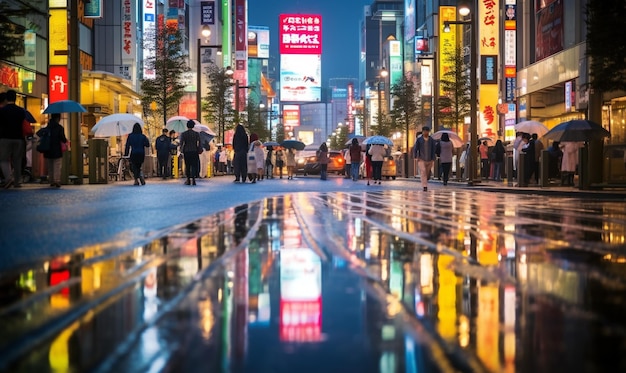 Nocny widok na zatłoczone miasto w Japonii