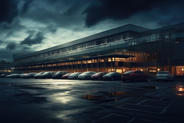 Nocny widok nowoczesnego biurowca z wieloma samochodami zaparkowanymi na parkingu Parking na koniec dnia Wygenerowano sztuczną inteligencję