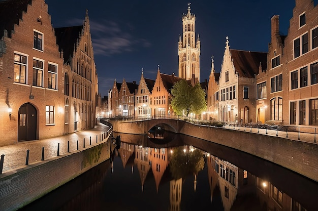 Nocny widok słynnego miasta Brugge widok belgijski nocny zdjęcie kanałów Brugge domy na kanale Belfry