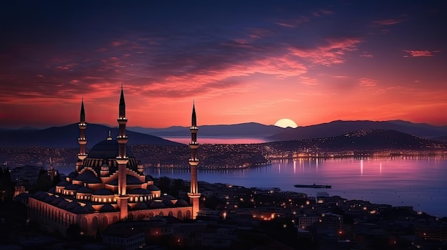 Nocny widok z góry Stambułu z meczetem S leymaniye na tle czerwonego wieczornego nieba i morza Marmara w tle