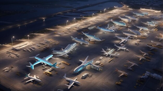 Zdjęcie nocny widok z powietrza lotniska z wieloma samolotami