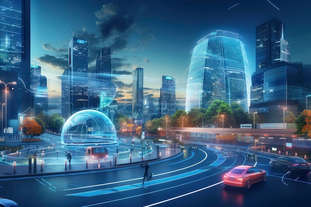 Nocny widok zaawansowanego technologicznie miasta z ruchem drogowym i pieszymi