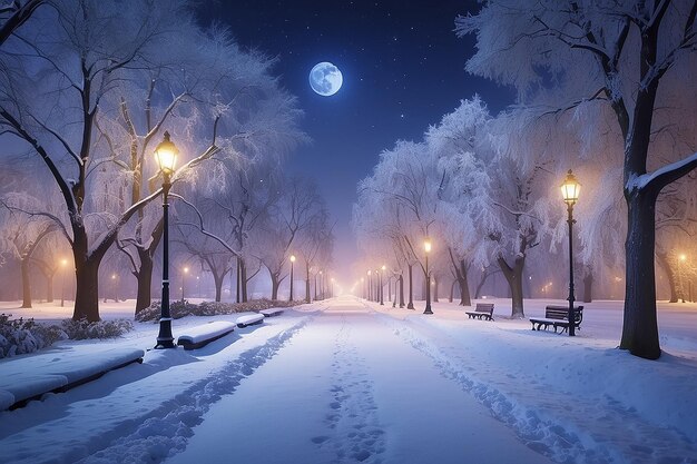 Nocny zimowy krajobraz w alejce miejskiego parku