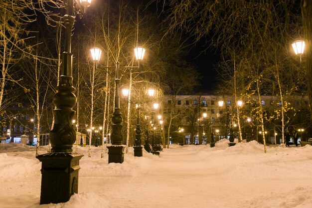 Zdjęcie nocny zimowy krajobraz w niesamowitym mieście latarnia uliczna pokryta śniegiem cisza i spokój spokojna koncepcja