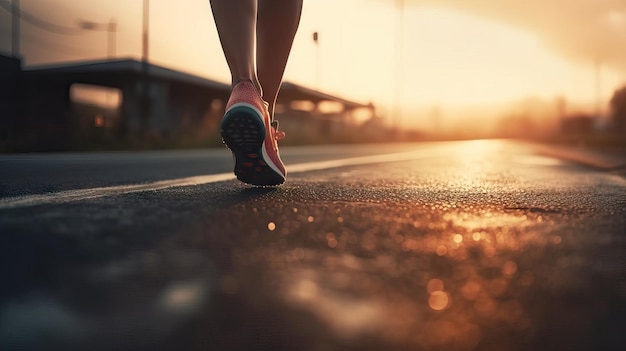 Nogi biegacza na drodze o zachodzie słońca Akcja sportowa i koncepcja ludzkiego wyzwania Trening do stracenia
