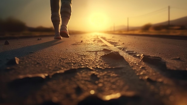 Nogi biegacza na drodze o zachodzie słońca Akcja sportowa i koncepcja ludzkiego wyzwania Trening do stracenia