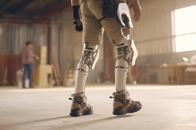 Zdjęcie nogi człowieka w zrobotyzowanym egzoszkielecie idącym korytarzem kliniki rehabilitacyjnej lekarz pomagający mu generacyjna sztuczna inteligencja