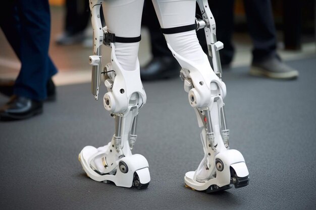 Nogi człowieka w zrobotyzowanym egzoszkielecie idącym korytarzem kliniki rehabilitacyjnej Lekarz pomagający mu Generacyjna sztuczna inteligencja