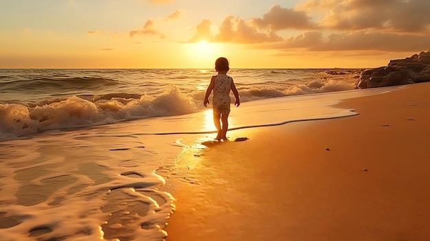 nogi dziecka chodzą po zachodzie słońca na plaży piasek promień słońca rozbłyskuje na fali wody morskiej letnie wakacje