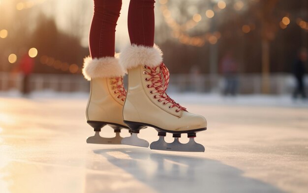 Nogi dziewczyny w ciepłych białych łyżwach na lodzie z bliska Kobieta łyżwiarza na lodowisku Świąteczna atmosfera