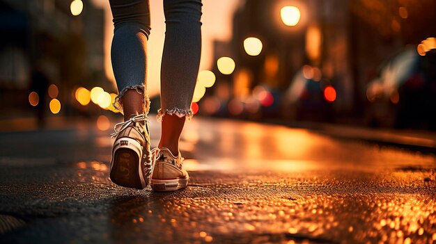 Zdjęcie nogi kobiety idącej nocą po mieście selektywne skupienie