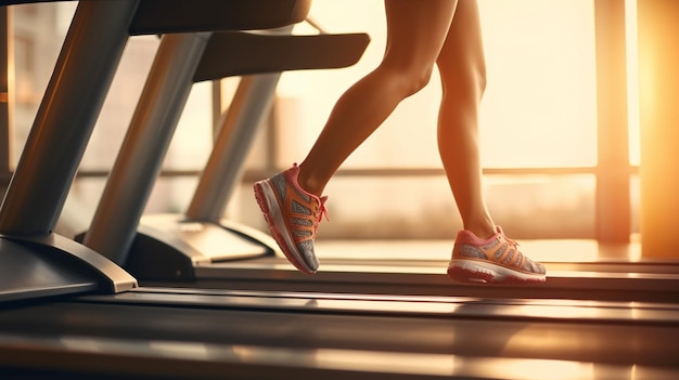 nogi kobiety na bieżni w siłowni z bliska