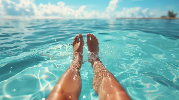 Nogi kobiety zanurzone w uspokajającym basenie ucieleśniające relaks i spokojną radość bycia w wodzie nadające się do pokazywania zabiegów spa lub letnich wibracji AI Generative