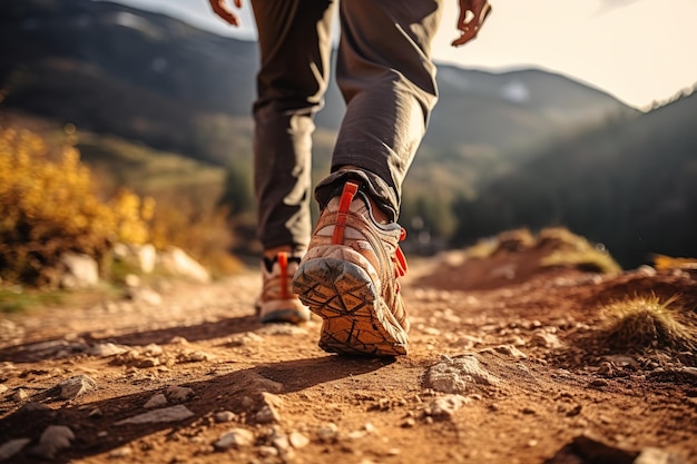 Nogi mężczyzn w butach sportowych i plecaku biegną wzdłuż górskiej ścieżki Generatywna sztuczna inteligencja