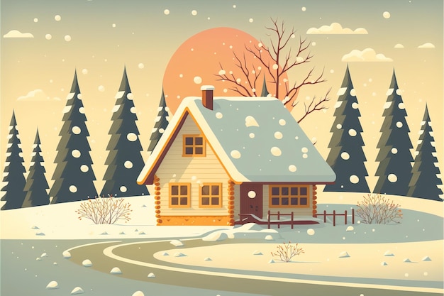 Nordycki zimowy krajobraz z uroczymi domami Świąteczna ilustracja dla dzieci i bajek gen