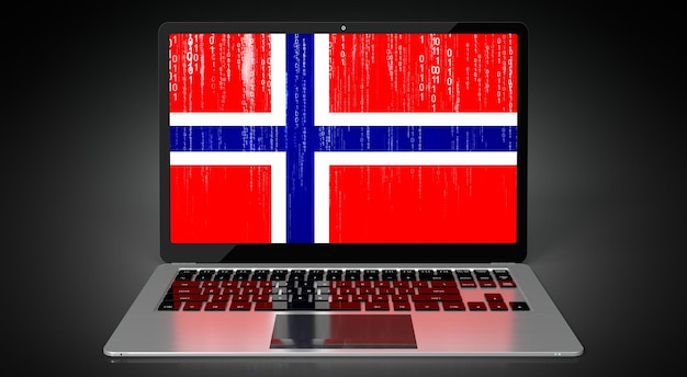 Zdjęcie norwegia flaga kraju i kod binarny na ilustracji 3d ekranu laptopa