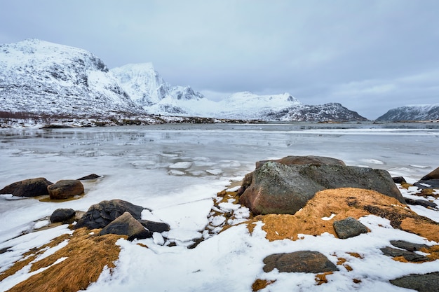 Norweski fiord w zimie