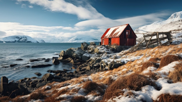 Norweski krajobraz ze starymi stodołami z sekwoi na wybrzeżu morskim