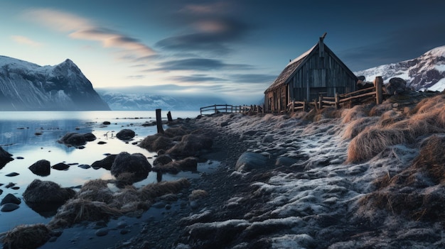 Norweski krajobraz ze starymi stodołami z sekwoi na wybrzeżu morskim