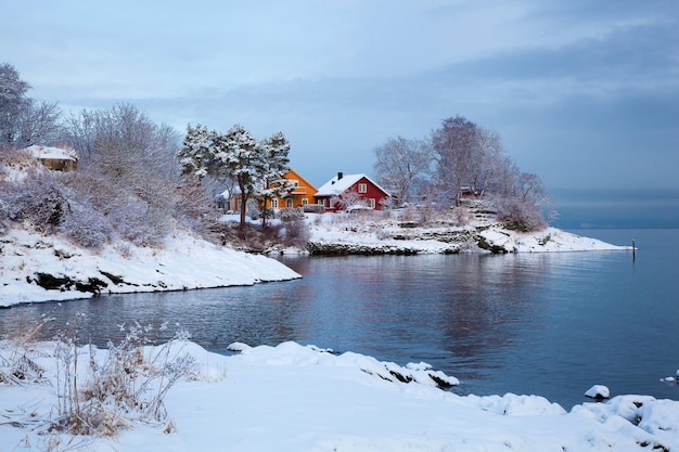 Norweski zimowy krajobraz fiordu z kolorowymi domami